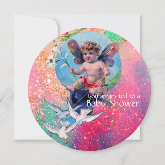 BABY MET DOVES IN GOLD PINK SPARKLES KAART (Voorkant)