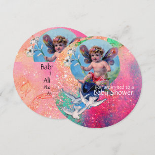 BABY MET DOVES IN GOLD PINK SPARKLES KAART