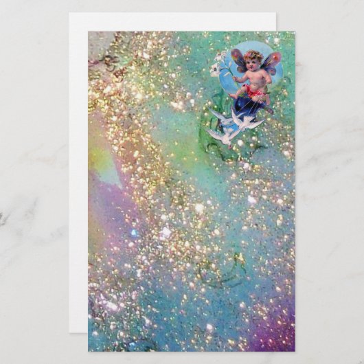 BABY MET DOVES IN SPARKLES, blauw groen goud (Voorkant / Achterkant)