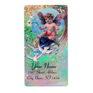 BABY MET DOVES IN SPARKLES blauw groen goud Etiket