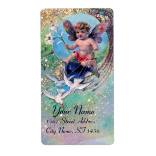 BABY MET DOVES IN SPARKLES blauw groen goud Etiket