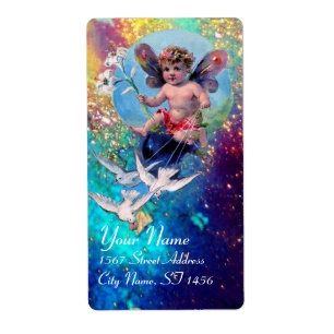 BABY MET DOVES IN SPARKLES blauw groen goud Etiket