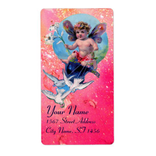 BABY MET DOVES IN SPARKLES, roze blauw Etiket