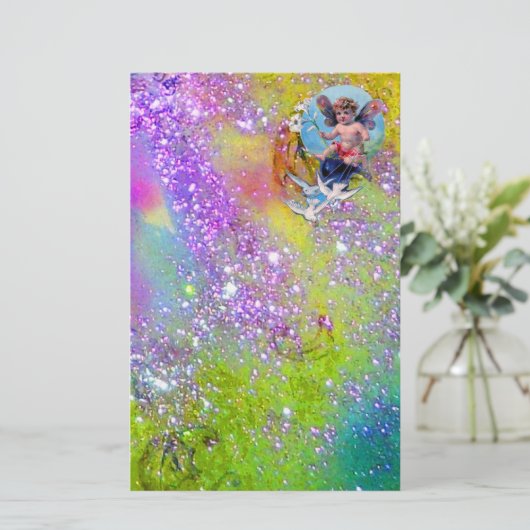 BABY MET DOVES IN SPARKLES, violet groen Briefpapier (Staand voorkant)