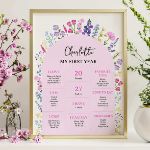 Baby Milestone Board Wildflowers Meisje 1e verjaar Poster