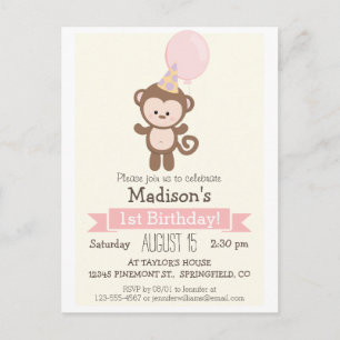 Baby Monkey Girl's Verjaardagsfeestje Uitnodiging Briefkaart