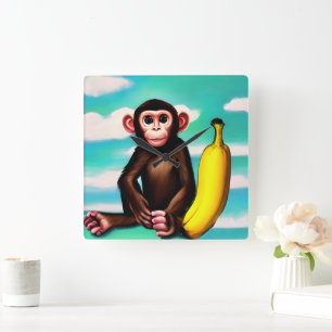 Baby Monkey met een groot bananenschilderij Vierkante Klok