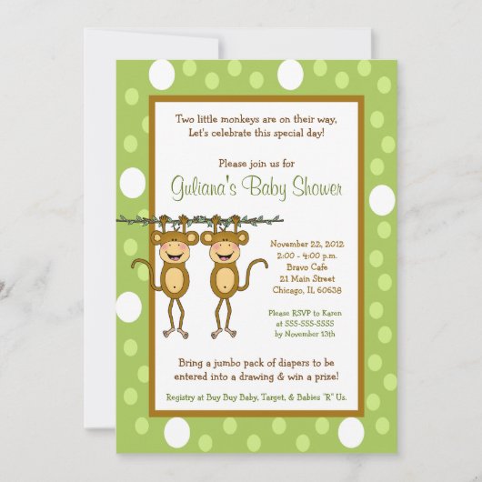 Baby Monkey TWINS 5x7 Baby Shower Invitations (Devant)