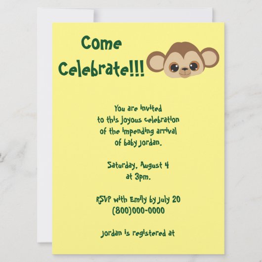 Baby Monkey Yellow Baby shower Kaart (Voorkant)