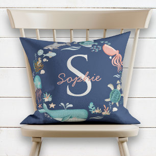 Baby monogram blauw onder de Zee octopus Kussen