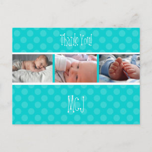 Baby monogram dank je, polka dots aankondigingskaart