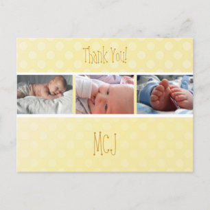Baby monogram dank je, polka dots aankondigingskaart