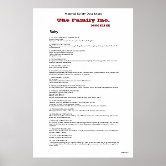 Baby MSDS grappig poster (Voorkant)