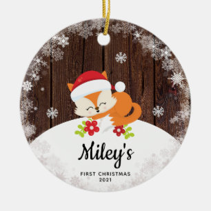 Baby Naam Eerste Kerstmis Vos Sneeuwvlok Hout Keramisch Ornament