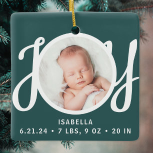Baby Naam Geboorte Stats Foto Groen Aandenken Keramisch Ornament