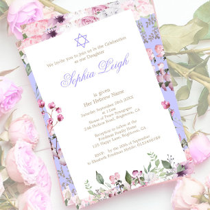 Baby Naming Ceremony Hebrew Girl Floral Paars Kaart
