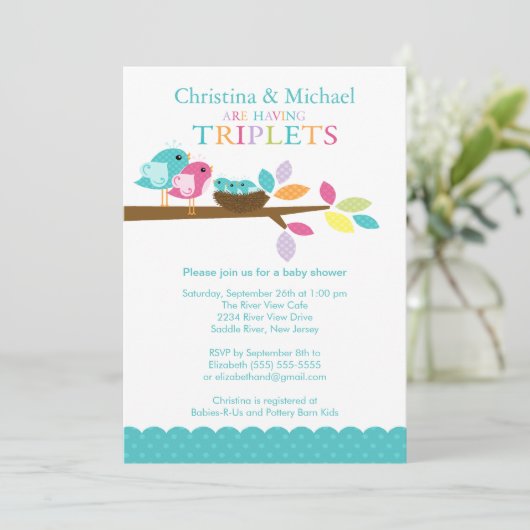 Baby nesten Triplets Baby Shower Invitations Kaart (Staand voorkant)