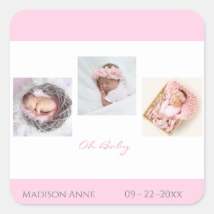 Baby Newborn Foto roze Baby Girl Cute Birth Vierkante Sticker