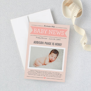 Baby News Krant Blush Roze Baby Meisje Foto Gebore Aankondiging