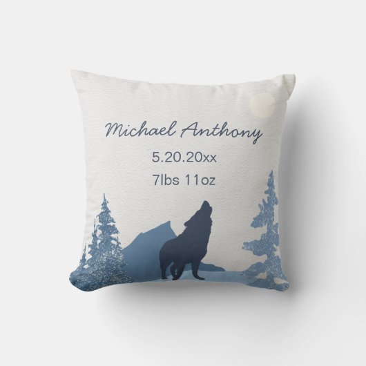 Baby Nursery Coussin Birth Stats Wolf Mountain (Recto)
