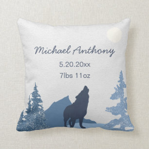 Baby Nursery Pillow Birth Stats Wolf Mountain Kussen
