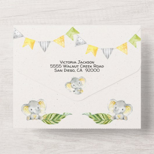 Baby Oerwoud Elephant Baby shower All In One Uitnodiging (Achterkant)