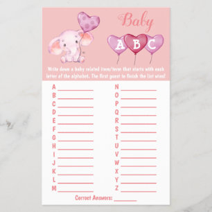 Baby Olifant ABC Baby Shower Spelkaart Flyer