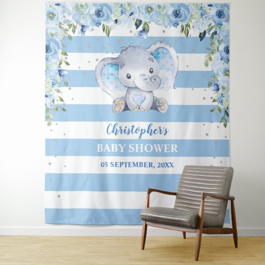 Baby olifant blos bloemig zilver Baby Shower Wandkleed (In situ)