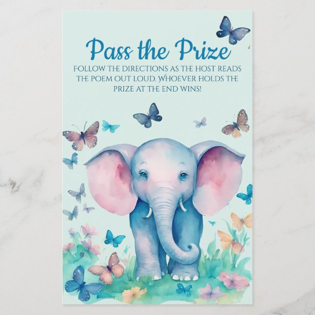 Baby Olifant Blue Baby shower Pass the Prize Game (Achterkant)