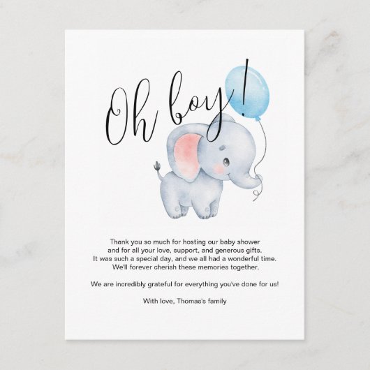 Baby Olifant & Blue Balloon Baby shower Informatiekaartje (Voorkant)
