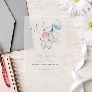 Baby Olifant & Blue Balloon Baby shower Vellum Uitnodigingen