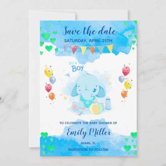 Baby olifant douche redt datum save the date (Voorkant)