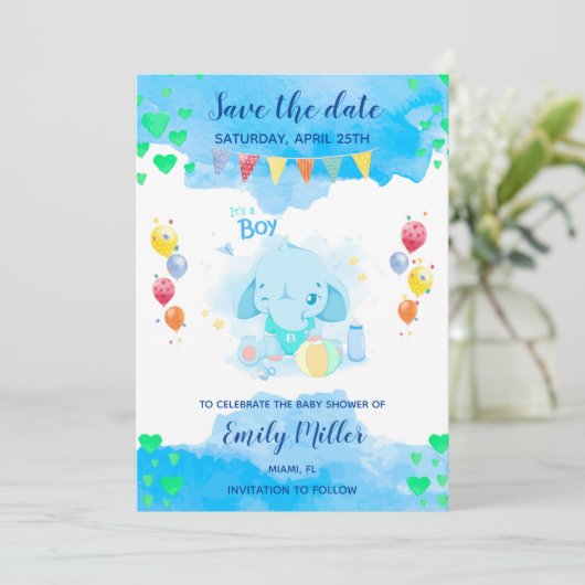 Baby olifant douche redt datum save the date (Staand voorkant)