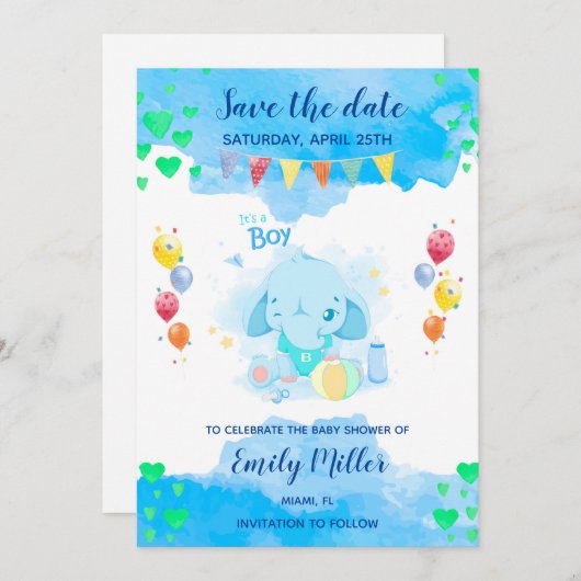 Baby olifant douche redt datum save the date (Voorkant / Achterkant)