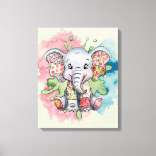 Baby Olifant Geborduurde Bloempatjes Elke Kind Canvas Afdruk