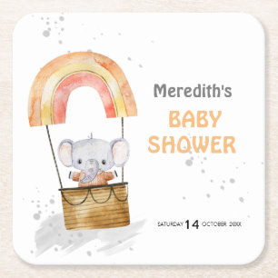 Baby olifant in ballon, baby shower, Papieren Onde Vierkante Kartonnen Onderzetter