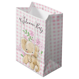 Baby olifant in bloemen op Gingham Medium Cadeauzakje