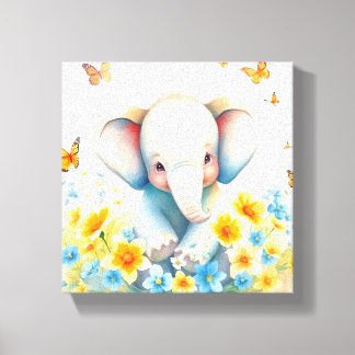 Baby olifant in de bloemen canvas afdruk