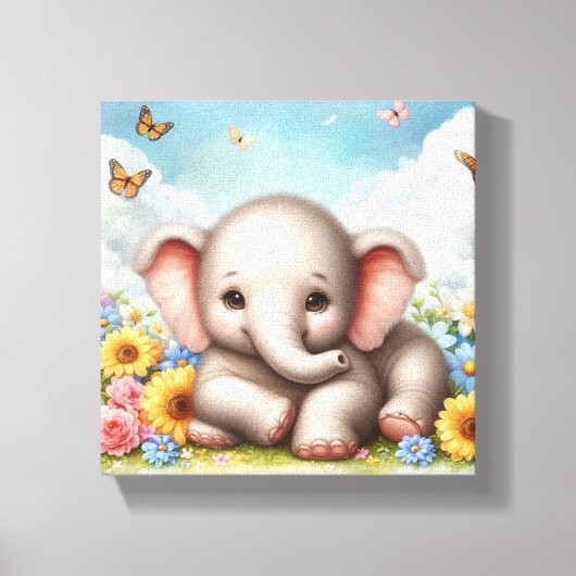 Baby olifant in de bloemen canvas afdruk (Voorkant)