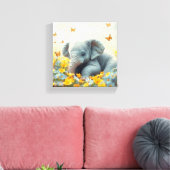Baby olifant in de bloemen canvas afdruk (Insitu (Woonkamer))