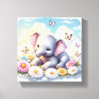 Baby olifant in de bloemen canvas afdruk