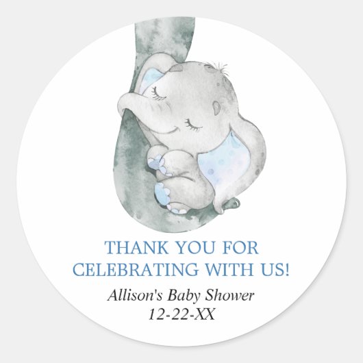 Baby olifant jongen blauw gunst stickers (Voorkant)