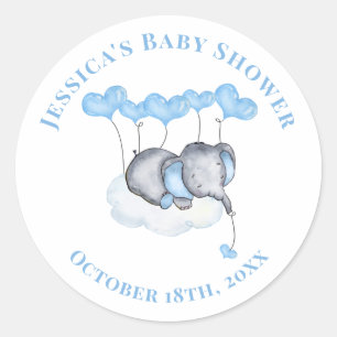 Baby Olifant Jongen op Witte Wolk Baby Shower Ronde Sticker