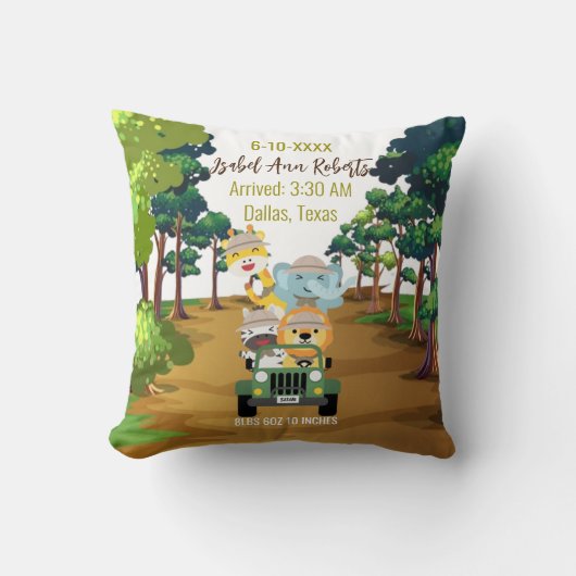 Baby Olifant Leeuw Jungle Zebra Giraffe Safari Kussen (Voorkant)