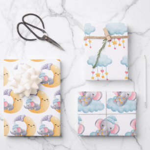 Baby Olifant Maan Wolken Sterren Harten Schattig Inpakpapier Vel
