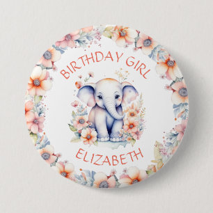Baby Olifant Meisje Verjaardagsfeest Gepersonalise Ronde Button 7,6 Cm