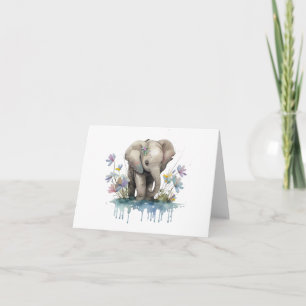 Baby Olifant met Water en Bloemen BLANK Kaart