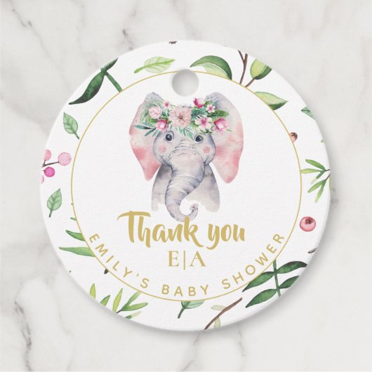 Baby Olifant Monogram Roze Bloemige Bedankkaart Fa Bedankjes Labels (Voorkant)