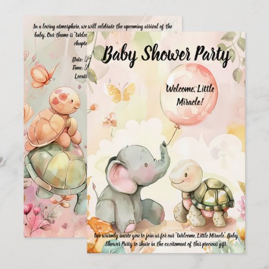 Baby Olifant & Turtle Baby shower Uitnodiging (Voorkant / Achterkant)