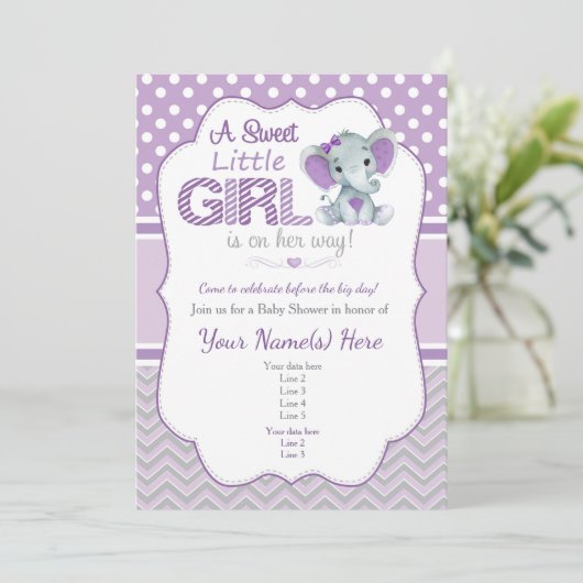 Baby Olifantdouche uitnodiging in Paarse en Grijs (Staand voorkant)